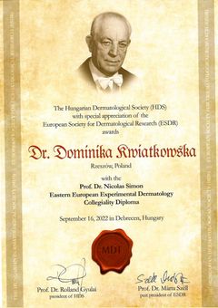 Eastern European Experimental Dermatology Collegiality Diploma — Węgierskie Towarzystwo Dermatologiczne i ESDR — dr Dominika Kwiatkowska