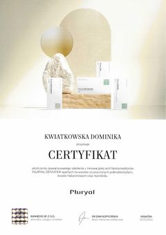 Certyfikat Pluryal Densifier — biostymulatory oparte na polinukleotydach i kwasie hialuronowym — dr Dominika Kwiatkowska