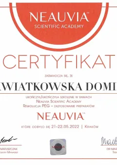 Certyfikat Neauvia Scientific Academy — rewolucja PEG, zastosowanie preparatów Neauvia — dr Dominika Kwiatkowska