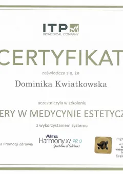 Certyfikat ITP Biomedical Company — lasery w medycynie estetycznej z systemem Alma Harmony XL PRO — dr Dominika Kwiatkowska