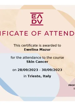 Certyfikat EADV — kurs Skin Cancer, Triest, Włochy (2023) — dr Ewelina Mazur