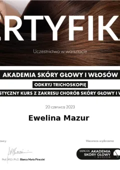 Certyfikat Akademii Skóry Głowy i Włosów — odkryj trichoskopię, specjalistyczny kurs chorób skóry głowy i włosów — dr Ewelina Mazur