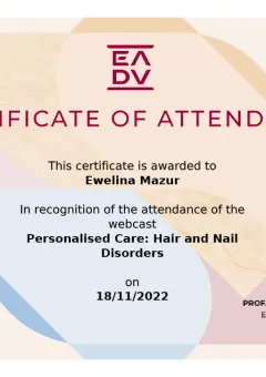 Certyfikat EADV — webcast Personalised Care: Hair and Nail Disorders (2022) — dr Ewelina Mazur