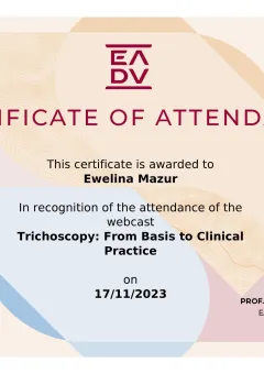 Certyfikat EADV — webcast Trichoscopy: From Basis to Clinical Practice (2023) — dr Ewelina Mazur