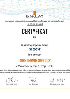Certyfikat La Roche-Posay — Kurs Dermoskopii 2021, Warszawa — dr Ewelina Mazur