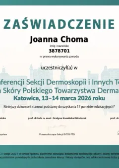Zaświadczenie uczestnictwa w IV Konferencji Sekcji Dermoskopii i Innych Technik Obrazowania Skóry PTD, Katowice (2026) — lek. Joanna Choma