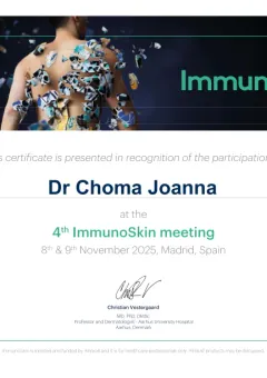 Certyfikat uczestnictwa w 4. ImmunoSkin Meeting, Madryt (2025) — lek. Joanna Choma
