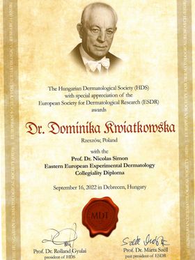 Eastern European Experimental Dermatology Collegiality Diploma — Węgierskie Towarzystwo Dermatologiczne i ESDR — dr Dominika Kwiatkowska