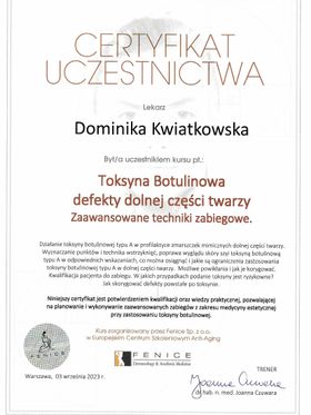 Certyfikat uczestnictwa — toksyna botulinowa, defekty dolnej części twarzy, zaawansowane techniki zabiegowe — Fenice — dr Dominika Kwiatkowska