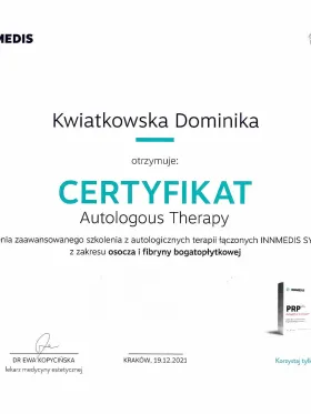Certyfikat Autologous Therapy (osocze i fibryna bogatopłytkowa) — Akademia INNMEDIS — dr Dominika Kwiatkowska