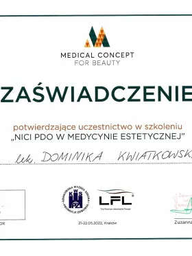 Zaświadczenie uczestnictwa w szkoleniu nici PDO w medycynie estetycznej — Medical Concept for Beauty — dr Dominika Kwiatkowska