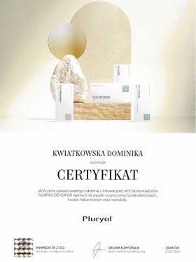 Certyfikat Pluryal Densifier — biostymulatory oparte na polinukleotydach i kwasie hialuronowym — dr Dominika Kwiatkowska