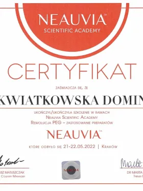 Certyfikat Neauvia Scientific Academy — rewolucja PEG, zastosowanie preparatów Neauvia — dr Dominika Kwiatkowska