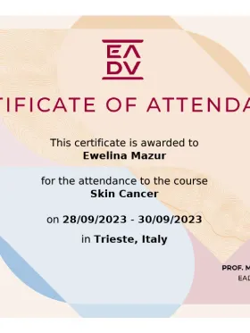Certyfikat EADV — kurs Skin Cancer, Triest, Włochy (2023) — dr Ewelina Mazur