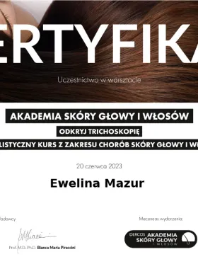 Certyfikat Akademii Skóry Głowy i Włosów — odkryj trichoskopię, specjalistyczny kurs chorób skóry głowy i włosów — dr Ewelina Mazur