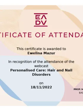 Certyfikat EADV — webcast Personalised Care: Hair and Nail Disorders (2022) — dr Ewelina Mazur