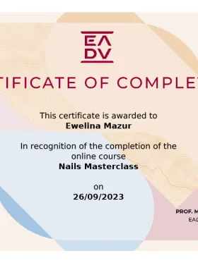 Certyfikat EADV — kurs online Nails Masterclass (2023) — dr Ewelina Mazur