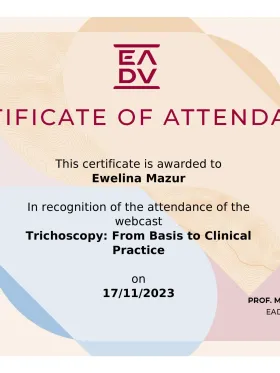 Certyfikat EADV — webcast Trichoscopy: From Basis to Clinical Practice (2023) — dr Ewelina Mazur