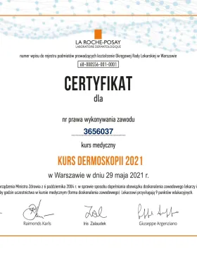 Certyfikat La Roche-Posay — Kurs Dermoskopii 2021, Warszawa — dr Ewelina Mazur