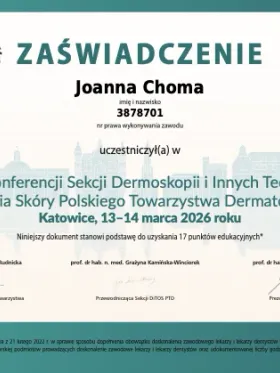 Zaświadczenie uczestnictwa w IV Konferencji Sekcji Dermoskopii i Innych Technik Obrazowania Skóry PTD, Katowice (2026) — lek. Joanna Choma