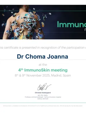 Certyfikat uczestnictwa w 4. ImmunoSkin Meeting, Madryt (2025) — lek. Joanna Choma